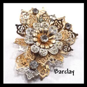 BARCLAY Fur Clip & Brooch, Gold Plated Filigree, Rhinestones, 1940s Vintage